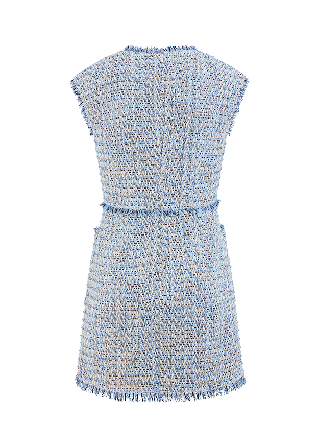 Weste, Kleid-ähnlich, Gevierte Tweed, Weiß-blau, Fransenabschluss