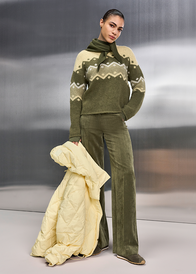 Wollpullover, Gemustertes pullover, Knitwear, Olivgrün, Kordelstoffhose