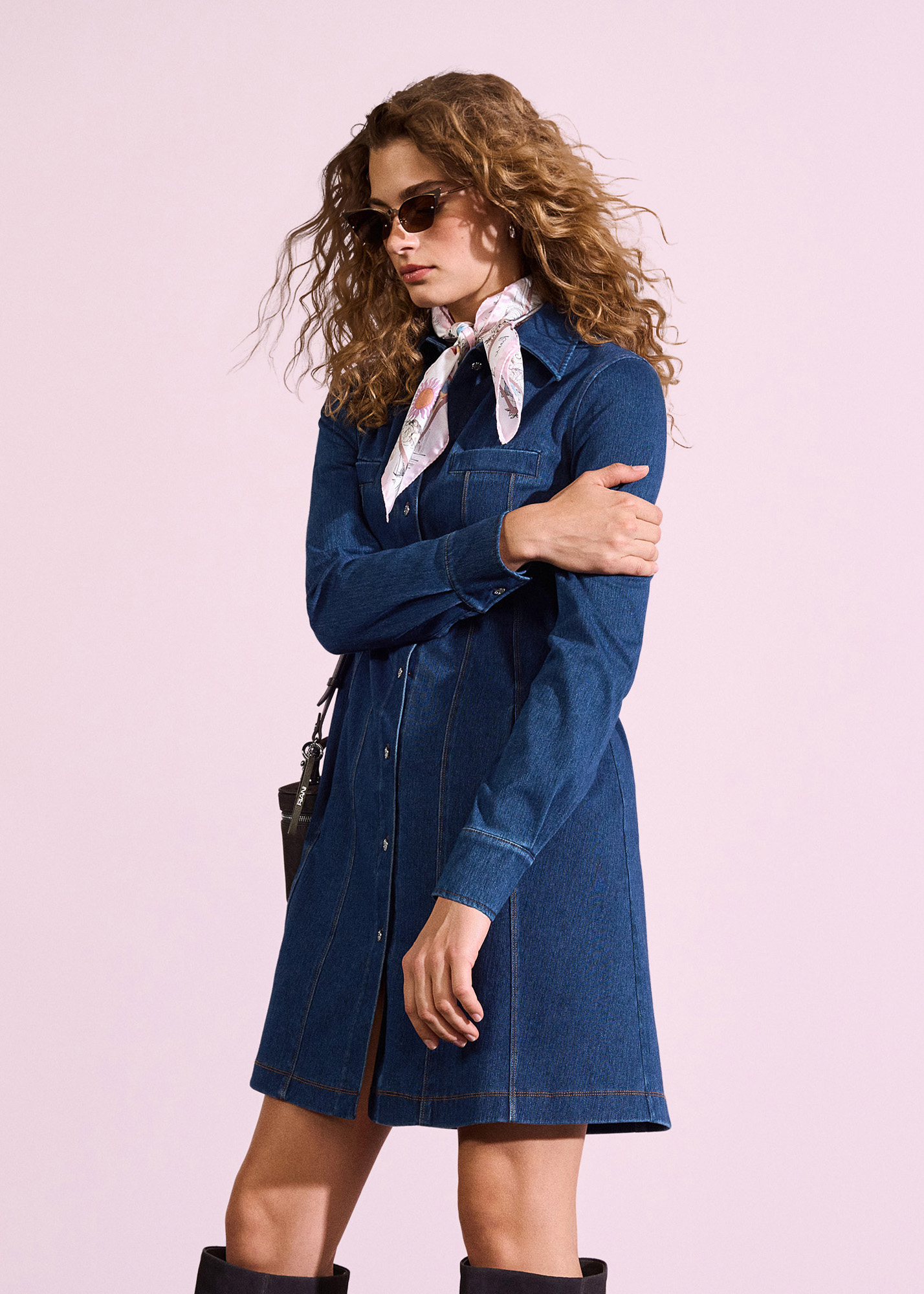 Denimkleid, Jeansstoff, Knopfleiste, Kragen, Schal, Denimkleid, Shirt-Kleid, Langarm, A-Linie, Knielang