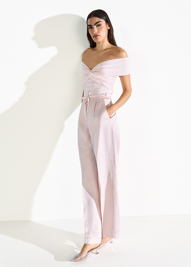 Jumpsuit, Off-Shoulder, Rosa, Taillierte Taille, Weite Beine