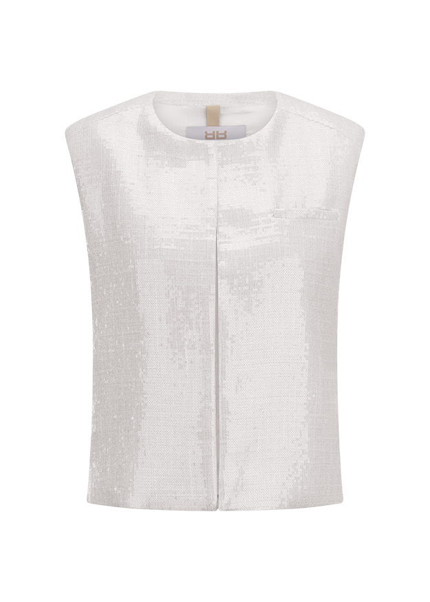 Sequin Weste, Weißes Oberteil, Vorne Reißverschluss, Armlos, Reflektierendes Gewebe
