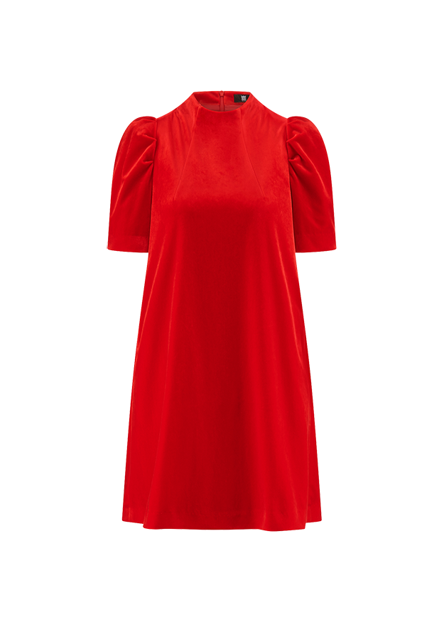 Kleid, rotes Samtkleid, Puffärmel, kurze Ärmel, Rundhalsausschnitt