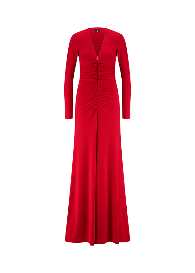 Maxikleid, Rot, V-Ausschnitt, Lange Ärmel, Raffung