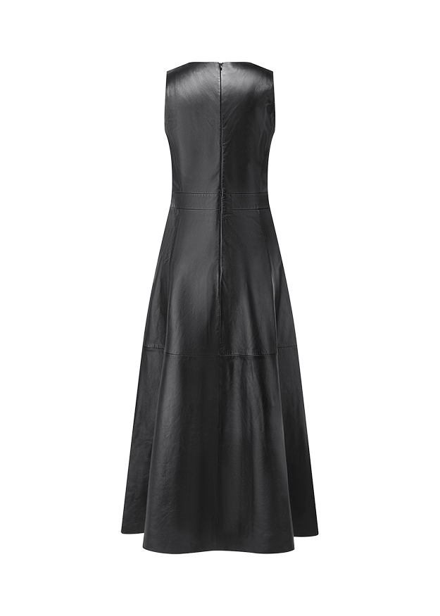 Ärmellose Hose, Kleid, Lederoptik, Schwarz, Maxikleid