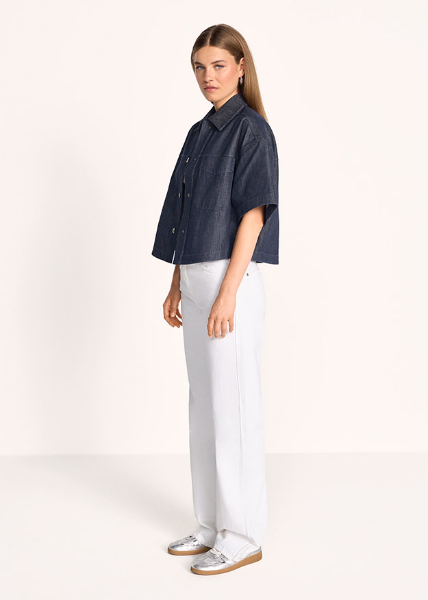 Denim-Top, Denim-Bluse, Oversized-Top, Kurze-Ärmel, Hose-weiss