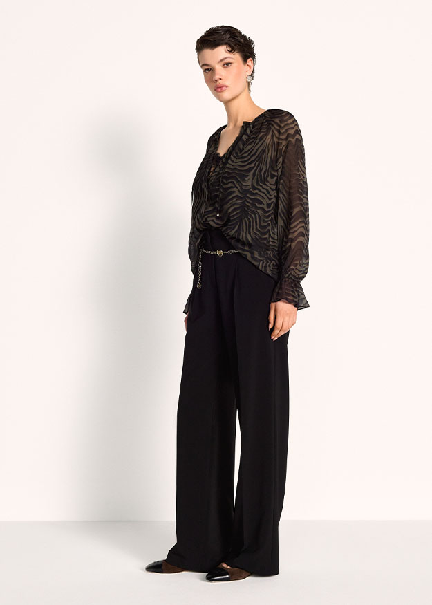 Bluse, Zebra-Stoff, transparente Bluse, lange Hose, Schwarz