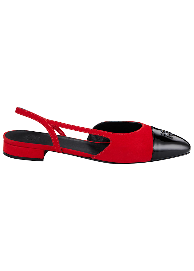 Riemchenschuh, Rot-schwarz, Spitze Kappe, Lackleder, Flacher Absatz