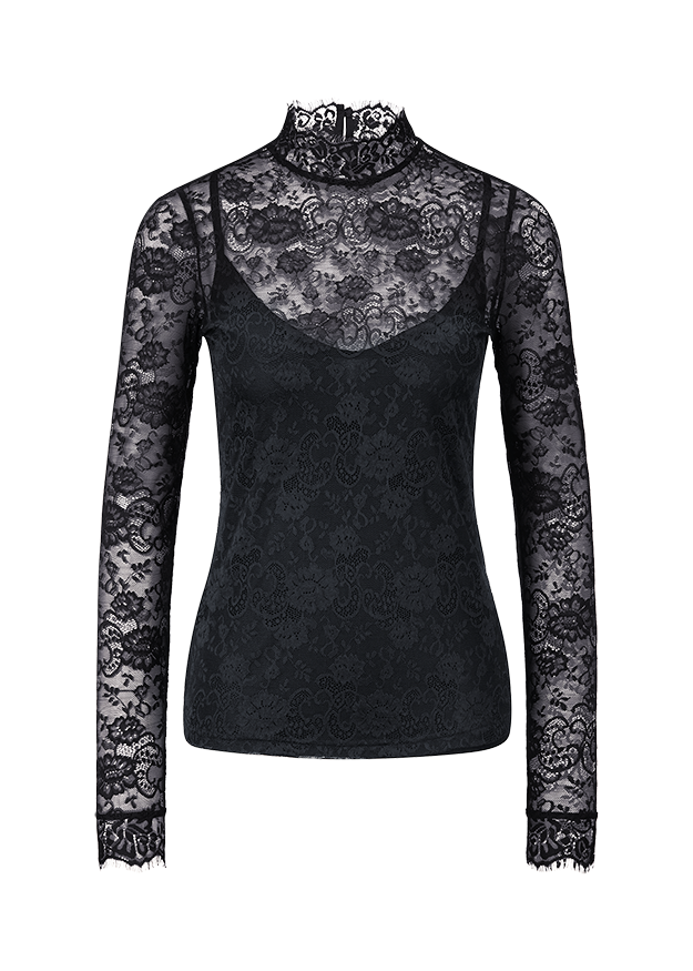 Lace top, Black lace, Sheer top, High neck, Long sleeves