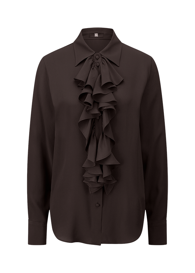 Bluse, Rüschen, Knopfverschluss, Langarm, Dunkelbraun