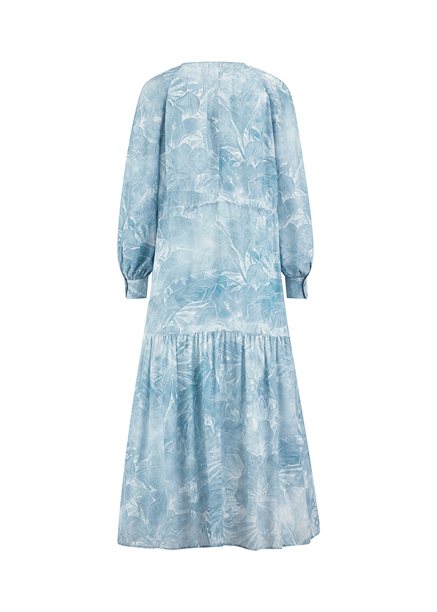 Maxi Kleid, Blumenmuster, Langarm, Hellblau, Pfannendetail/gestufter Rock