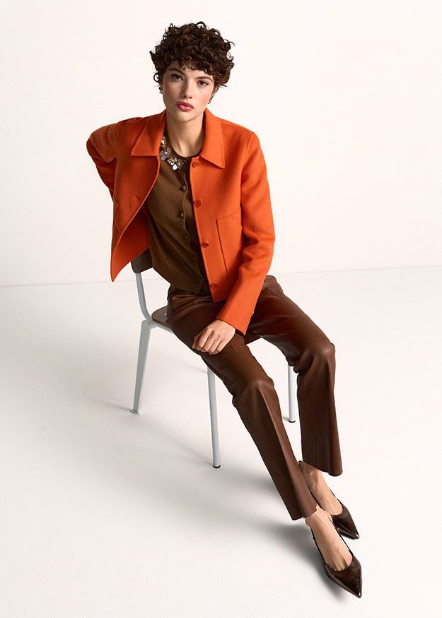 orange jacket, brown pants, brown top, piped blazer, formal outfit