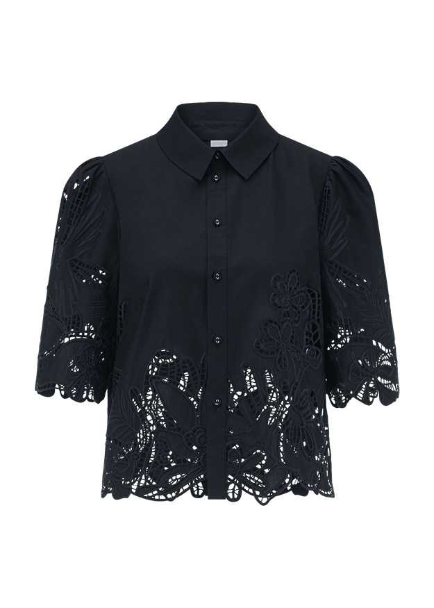 Bluse, Spitzenmuster, Kurzarm, Dunkel Schwarz, Knopfleiste