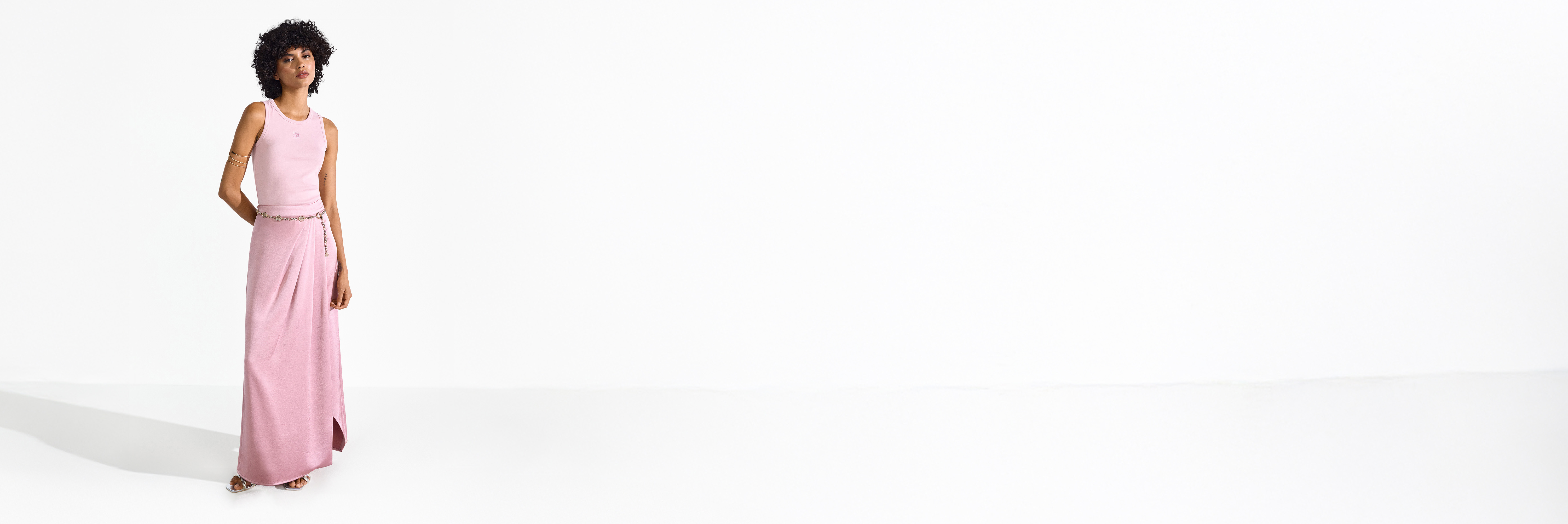 pinkes top, maxi-rock, Gürtelwaiste, ärmelarm, schmaler Schnitt