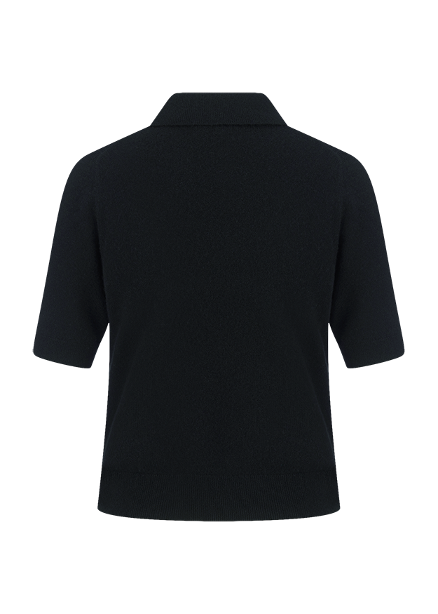 schwarzes Poloshirt, Kurzarm, Strickstoff, Polokragen