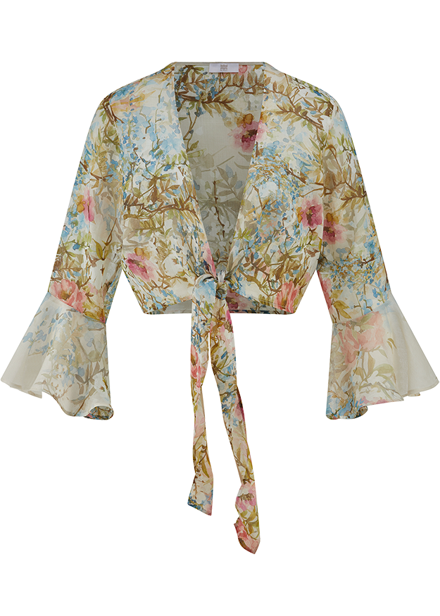 Bluse, Blütenmuster, Schnittmantel, Wickeloptik, Flared-Sleeves