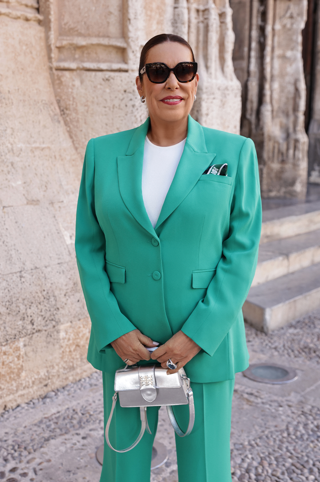 Anzug, Sakko, Hose, Brille, Handtasche