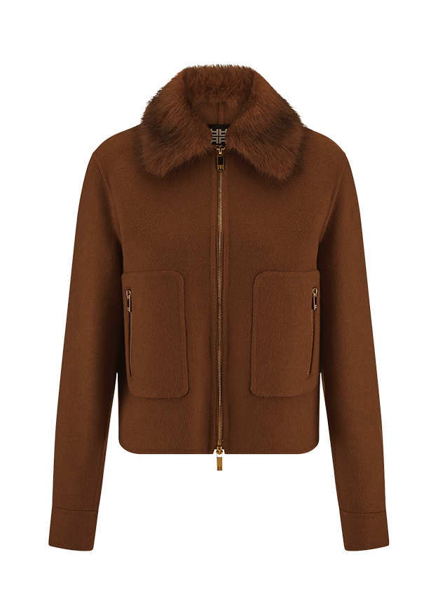 jacke, braun, revers, taschen, kragenfell