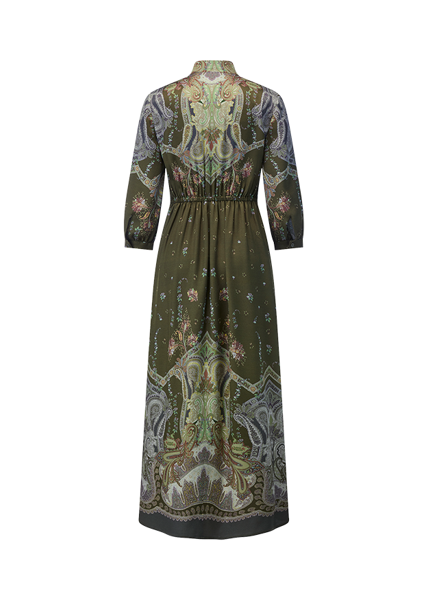Kleid, Maxi, Paisley-Muster, Langarm, Olivegrün