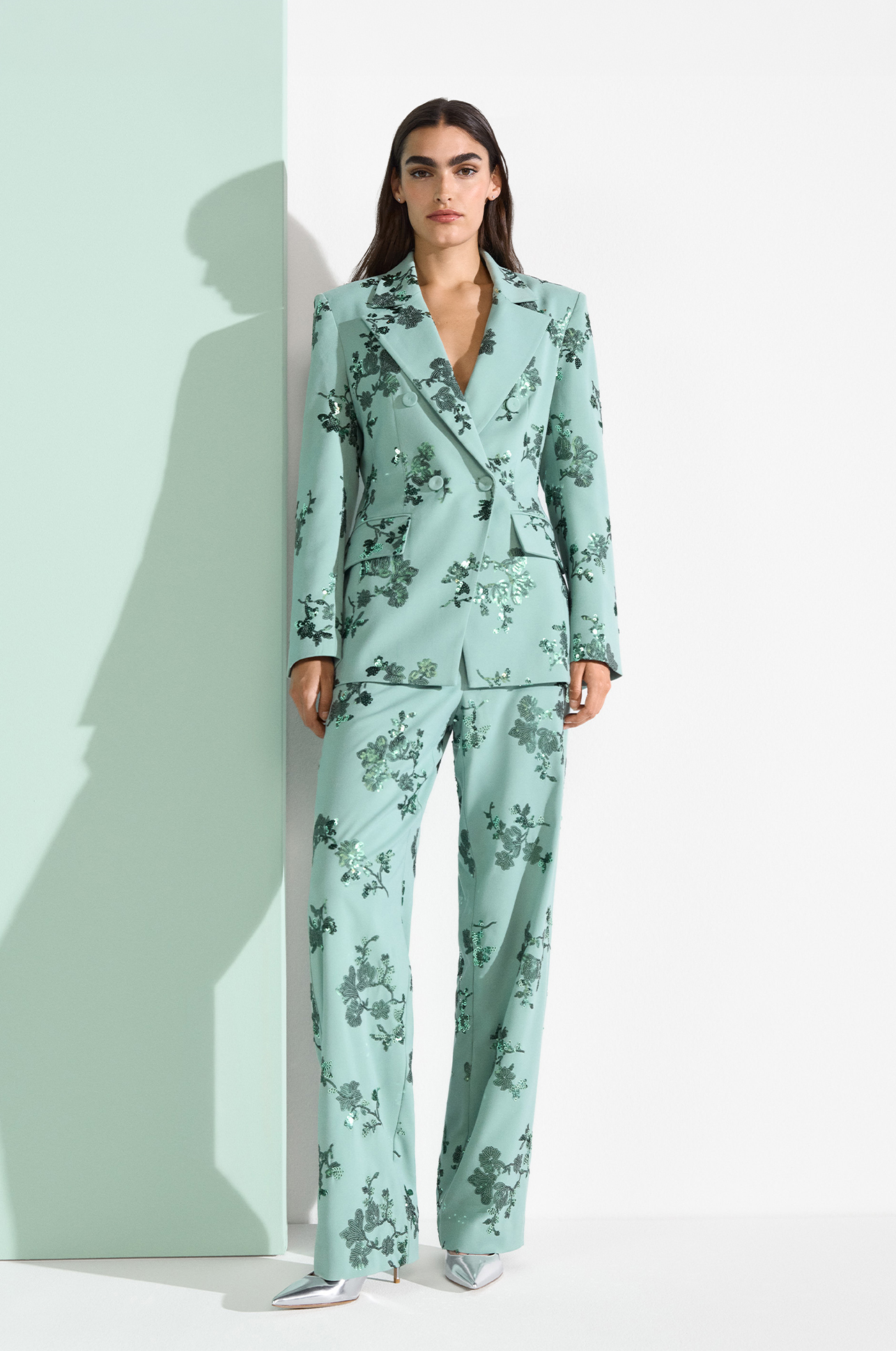 Anzug, Hose, Blazer, Blumenmuster, Mintgrün