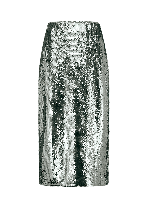 Paillettenrock, Midi-Länge, Pailletten, Metallisch, Silber Schwarz
