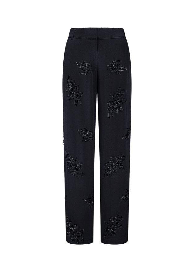 Schwarze Hose, weite Beine, Strassmuster, Paillettenverzierung