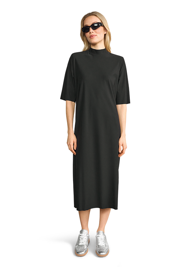 schwarzes-kleid, midi-kleid, tunika, kurzarm, schuhe