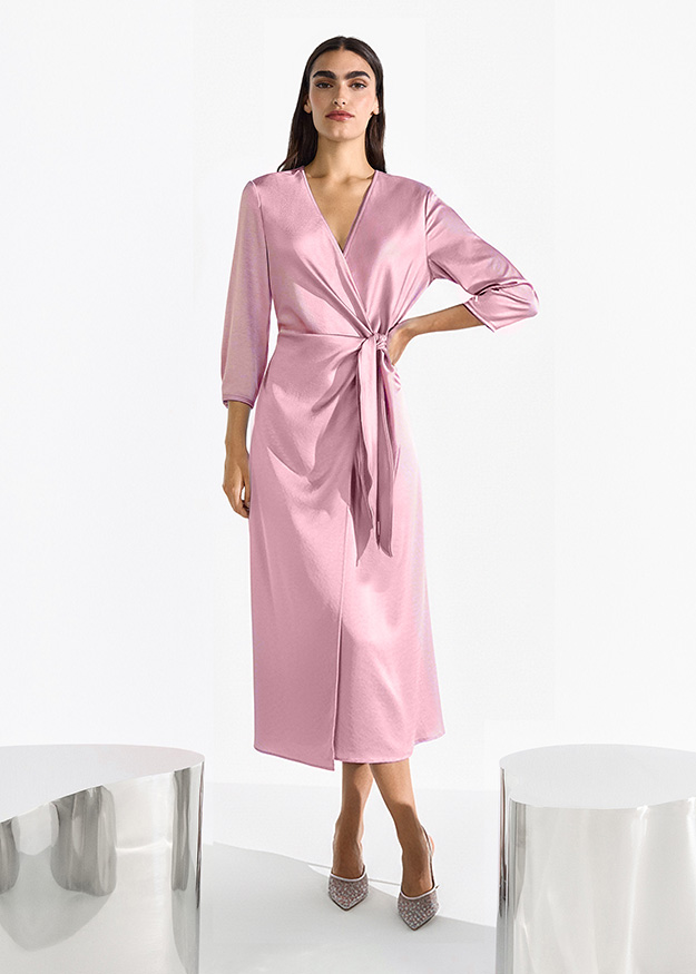 Kleid, Wrap-Kleid, Midi-Länge, Rosa, V-Ausschnitt