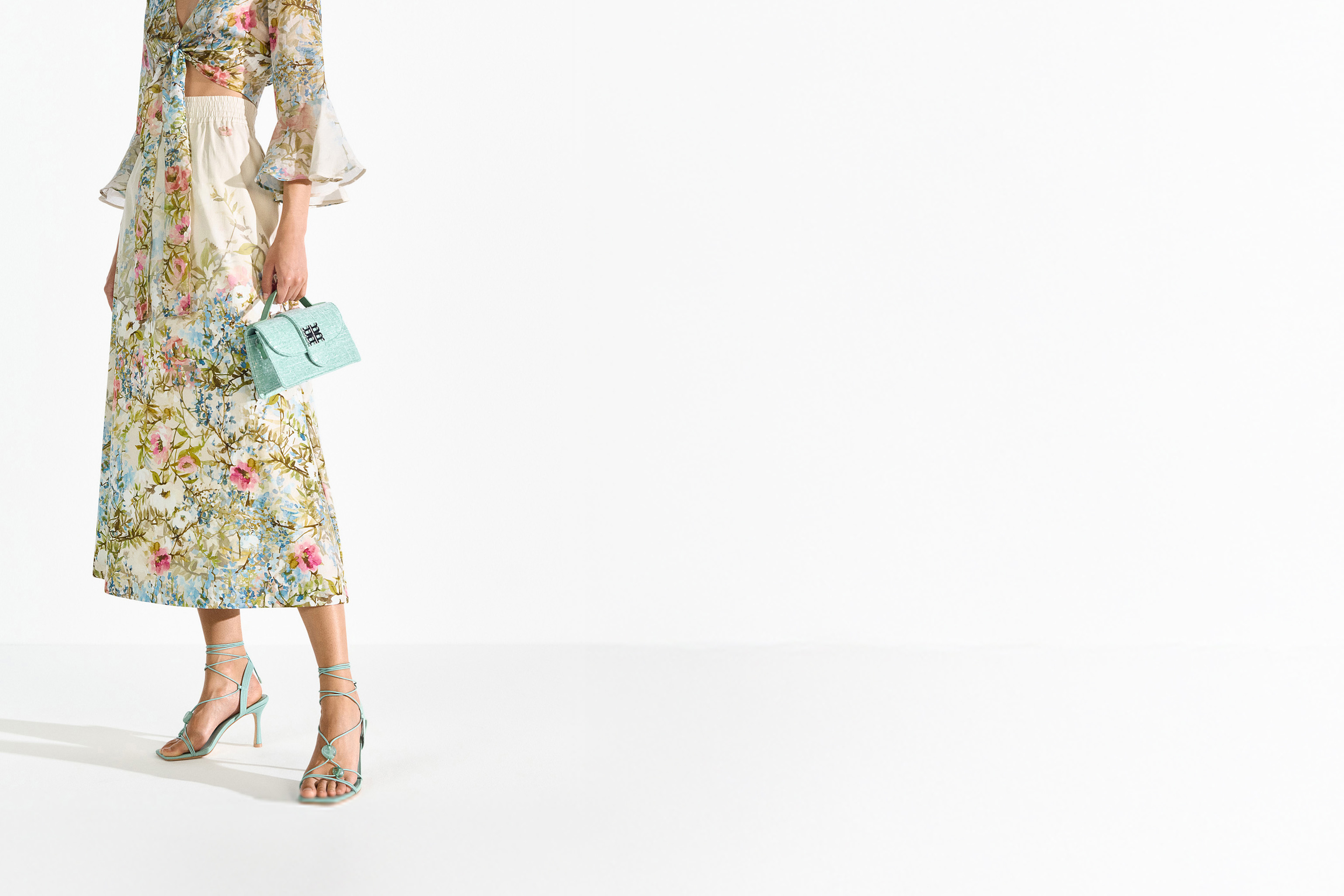 Floral dress, Midi dress, Pastel colors, Strappy sandals, Small handbag