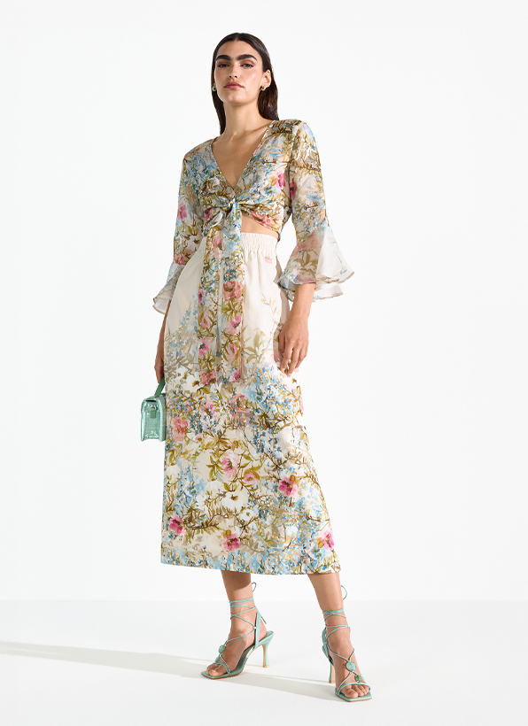 Damenkleid, Langes Kleid, Blumendruck, V-Ausschnitt, Knielänge