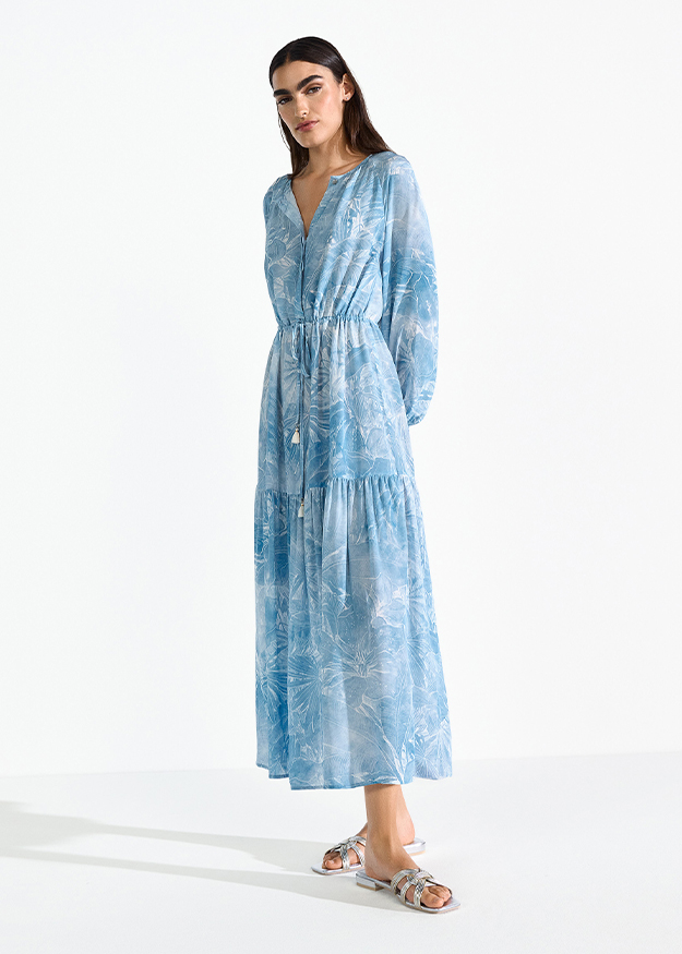 maxi-robe, blaues-kleid, langarmig, stufenrock, druck