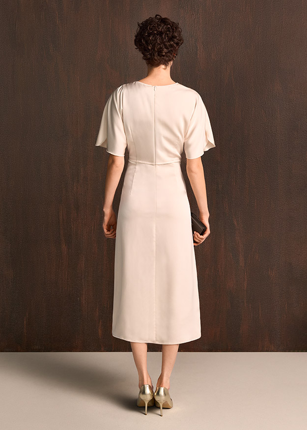 Kleid, Midikleid, Kurzarm, Beige, Rundhalsausschnitt