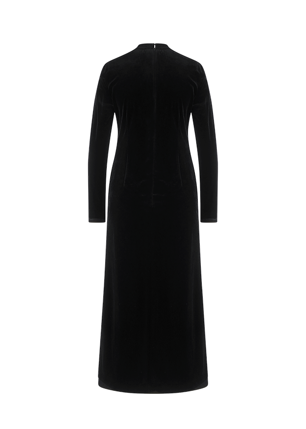 Langes Kleid, Schwarzer Samt, Langarmkleid, Stehkragen, Tailliert