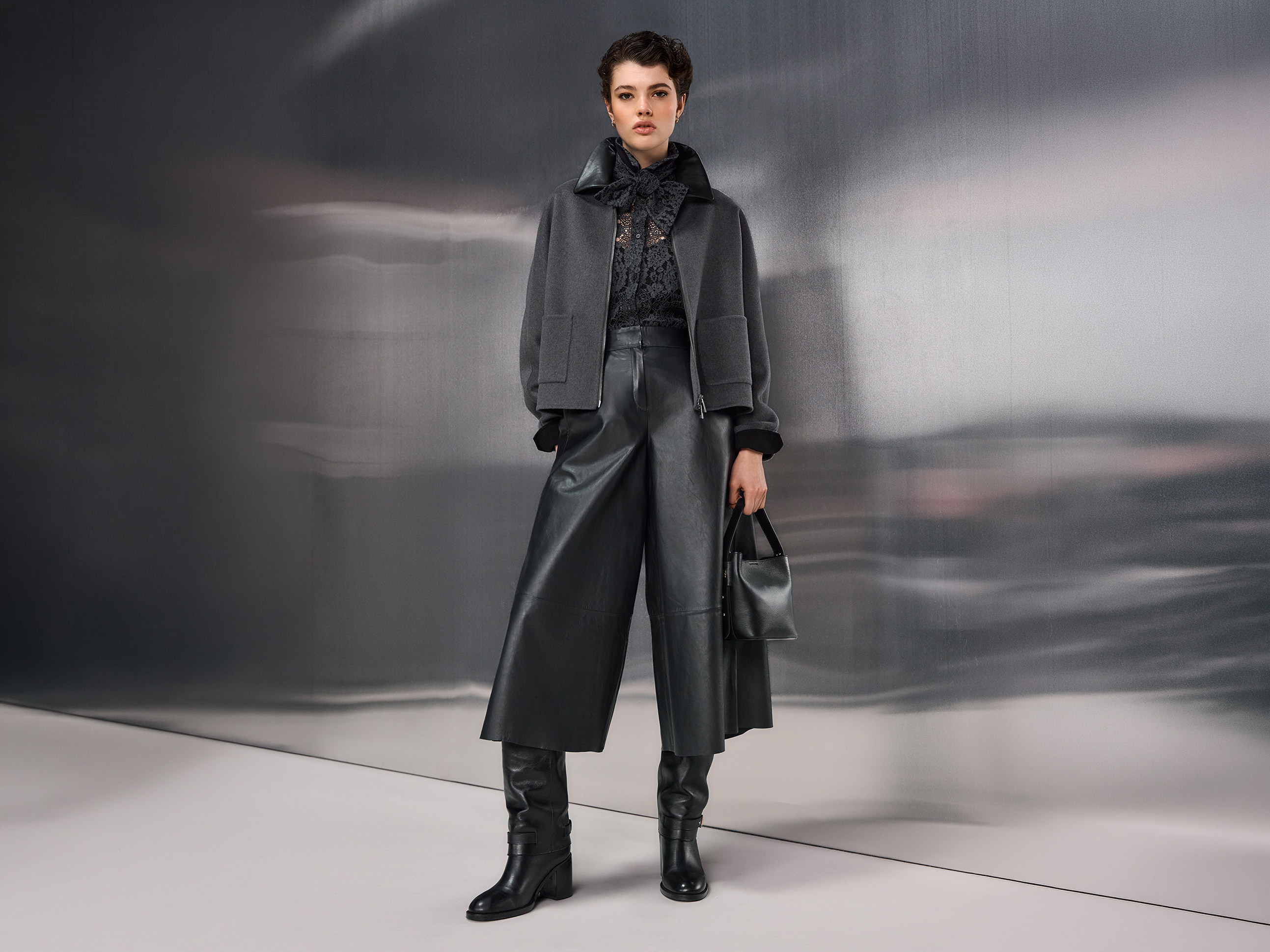 Damenmantel, Lederlook, Grau, Grau/Schwarz, Stiefel