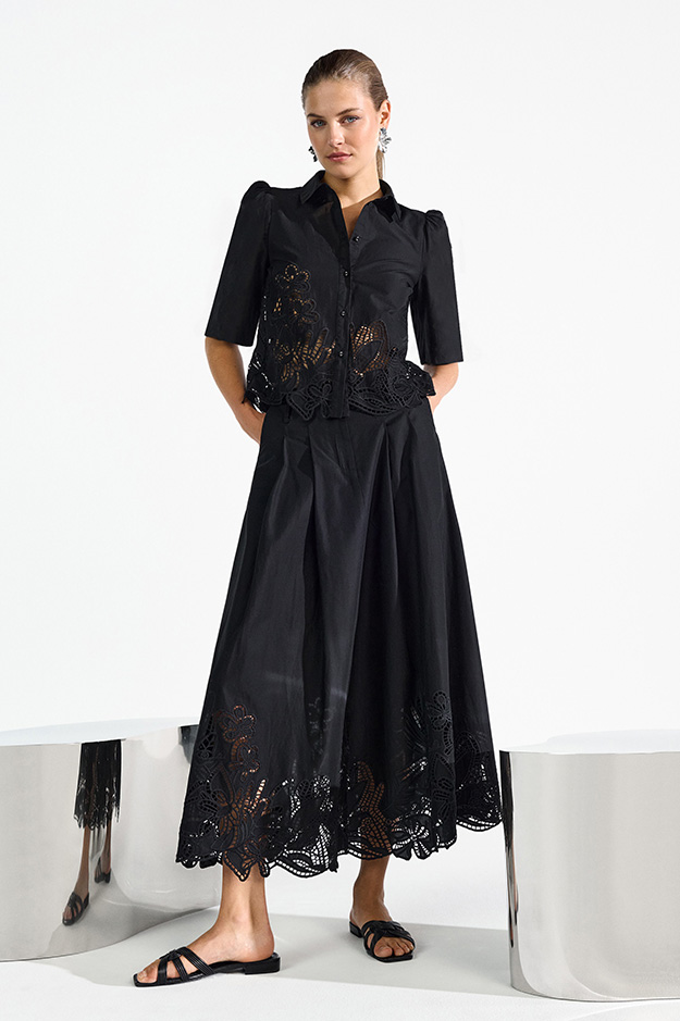 bluse, spitzenapplikation, schwarz, kurzarm, rock