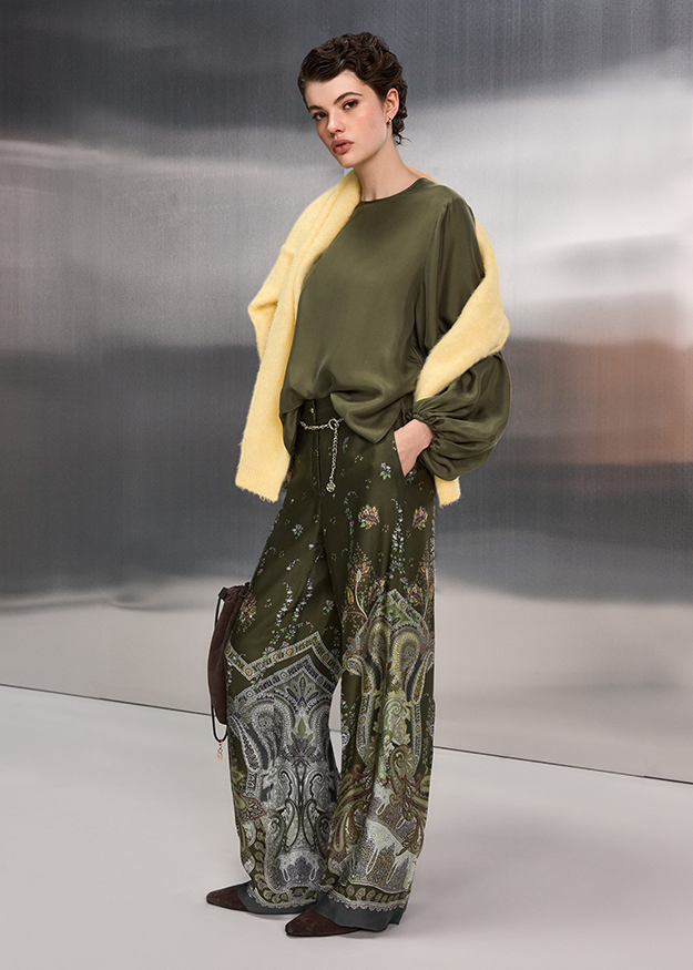 Hose, Hose mit Paisley-Print, Palazzo-Hose, Stoffhose, Ölgrün