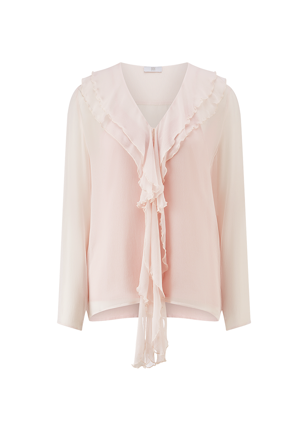 bluse, rüschen, rundhals, langarm, rosa