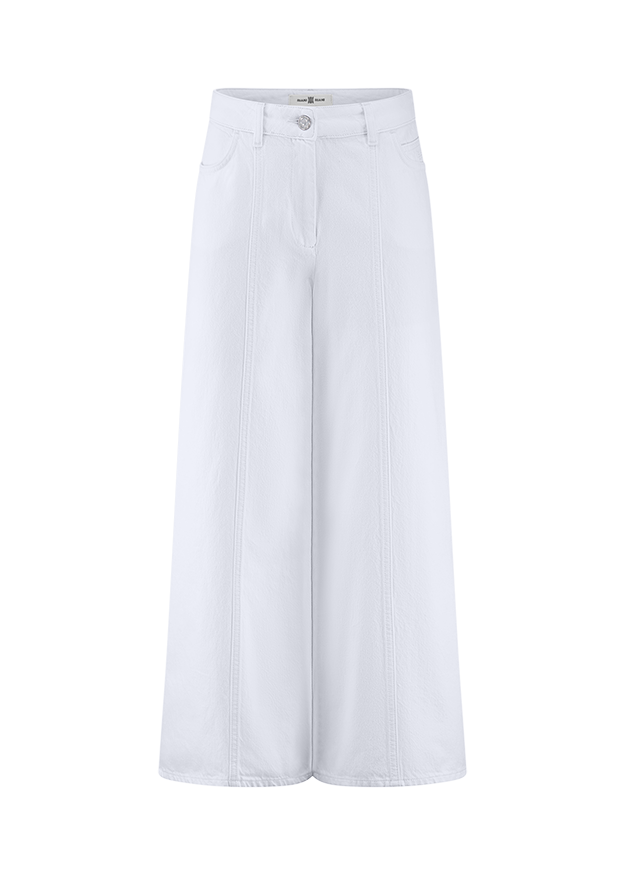 Jeans, Weiß, Hohe Taille, Gürtelschlaufe, Weite Bein