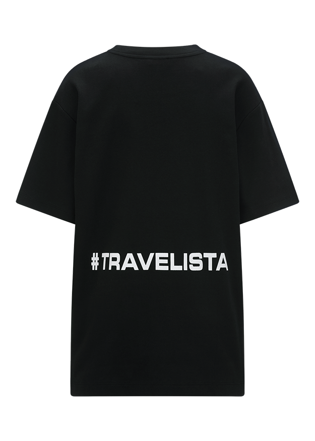 t-shirt, schwarz, kurzarm, grafik, travelista