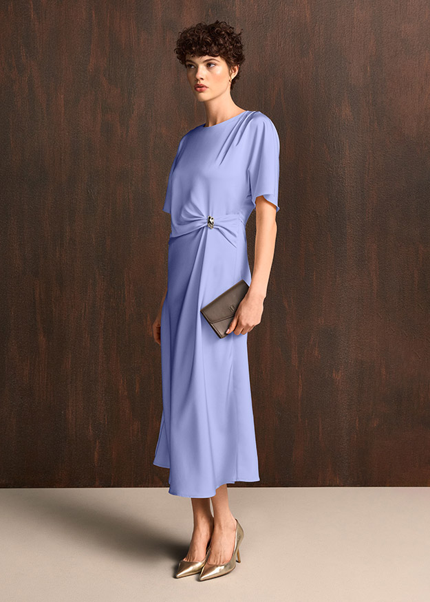 Kleid, Midi-Kleid, Lila Farbe, Taillengürtel, Clutch