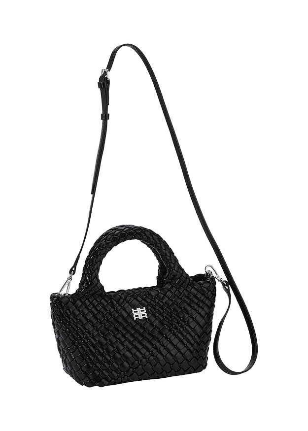 handtasche, schwarz, geflochten, mini bag, langen schultergurt