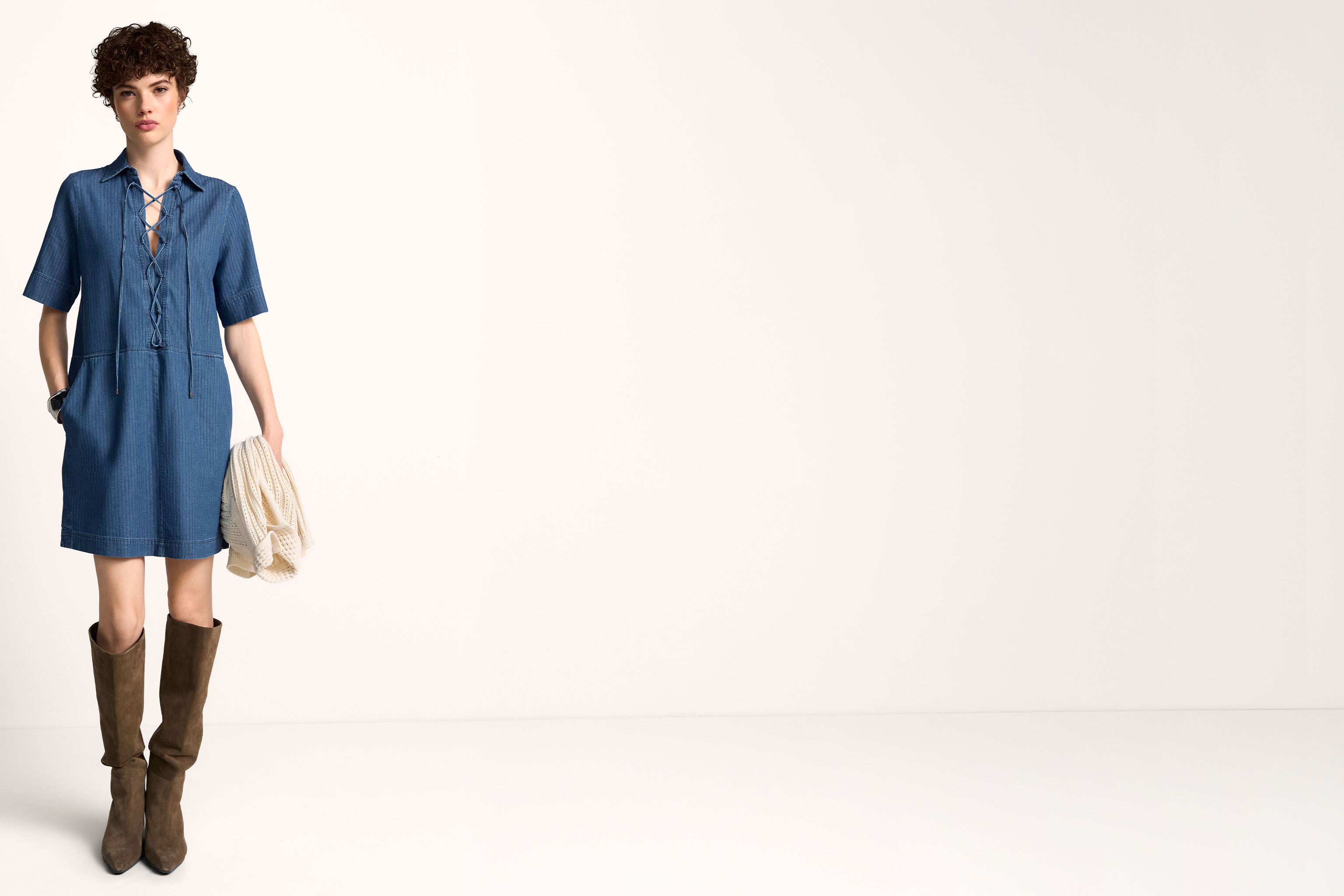 Jeanskleid, Denim, Kleid, Kurze Ärmel, Lace-up