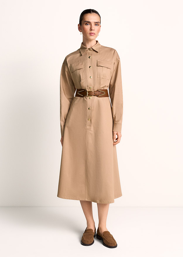 Trenchkleid, Knopfleiste, Beige, Gürtel, Lange Kleider
