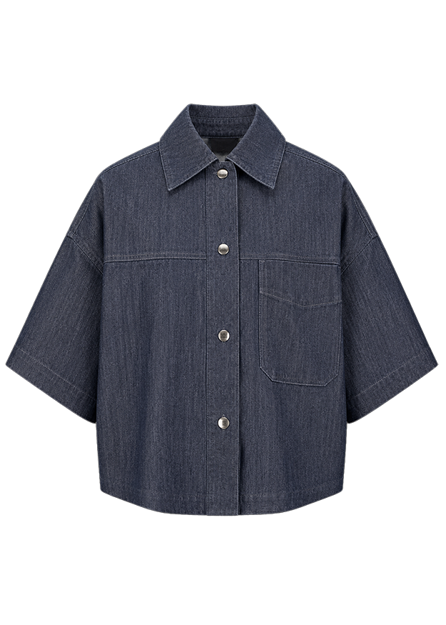 Denim Shirt, Kurze Ärmel, Brusttasche, Knöpfe vorne, Dunkelblau