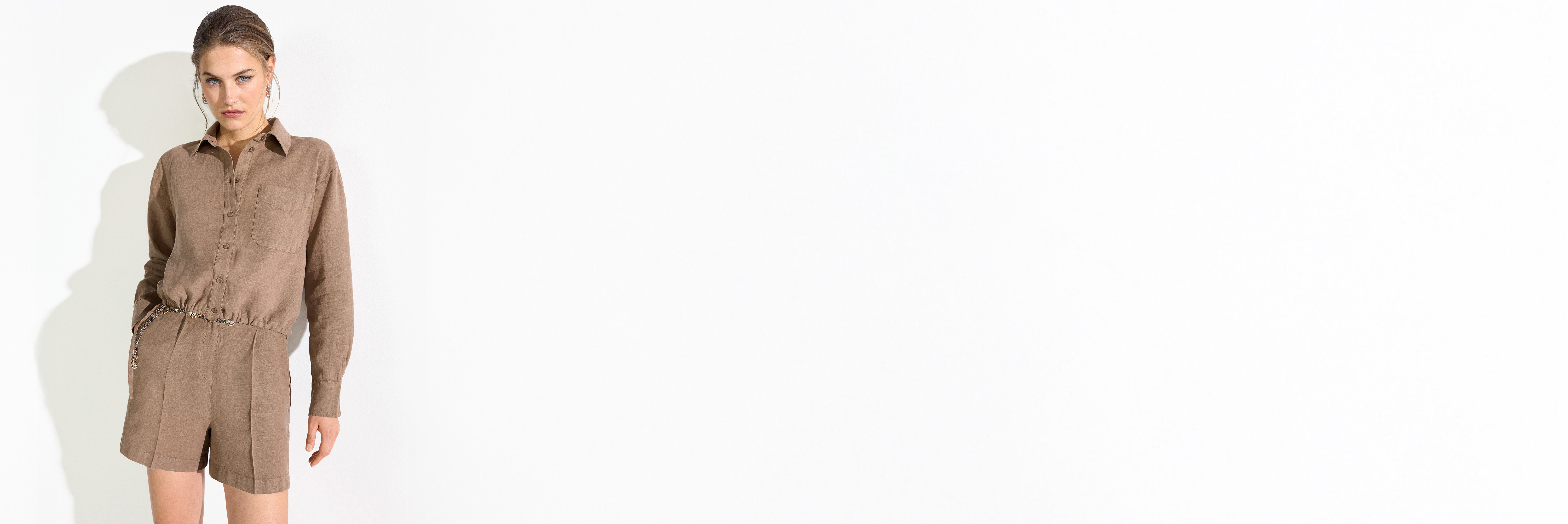 overall outfit, beige jumpsuit, button-down, belted, pocket shirt