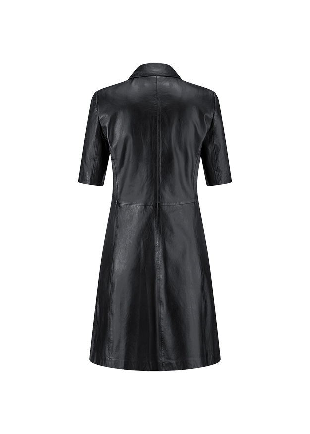 Lederkleid, schwarz, Kurzarm, Reverskragen, tailliert
