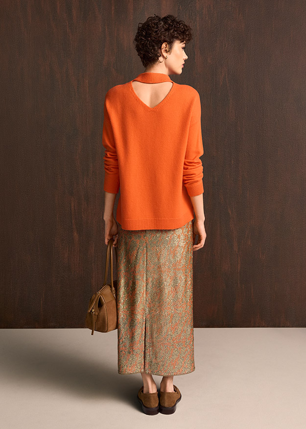 orange Pullover, V-Ausschnitt hinten, lange Ärmel, Strickoberteil, pfirsichorange