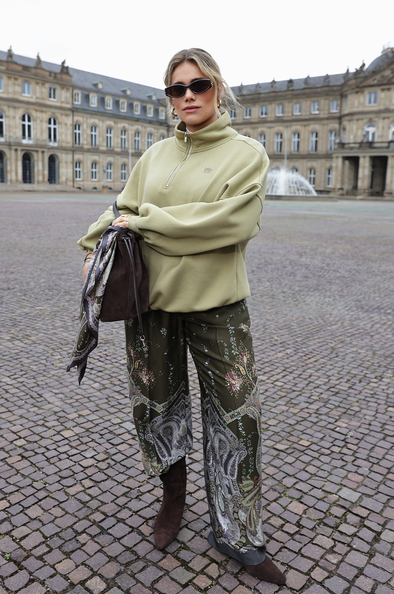 oversized-sweatshirt, half-zip, olive-green, paisley-print-trousers, brown-booties