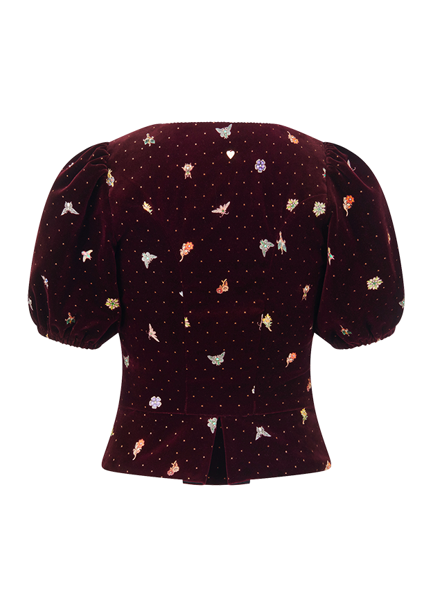 burgunder, Velvet, Puffärmel, Blumenpunkte, Rückenschlitz