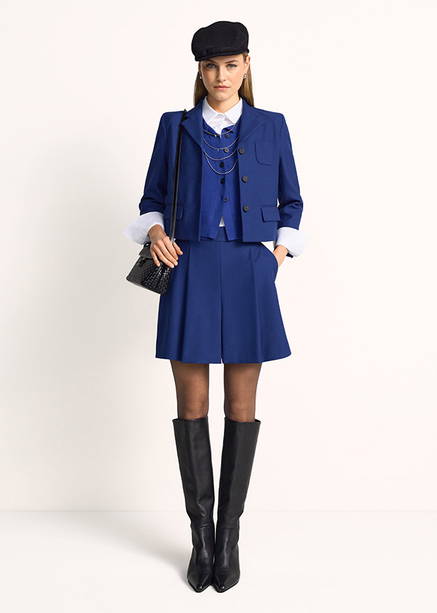 blazer, waistcoat, vest, blue suit, knee-length skirt