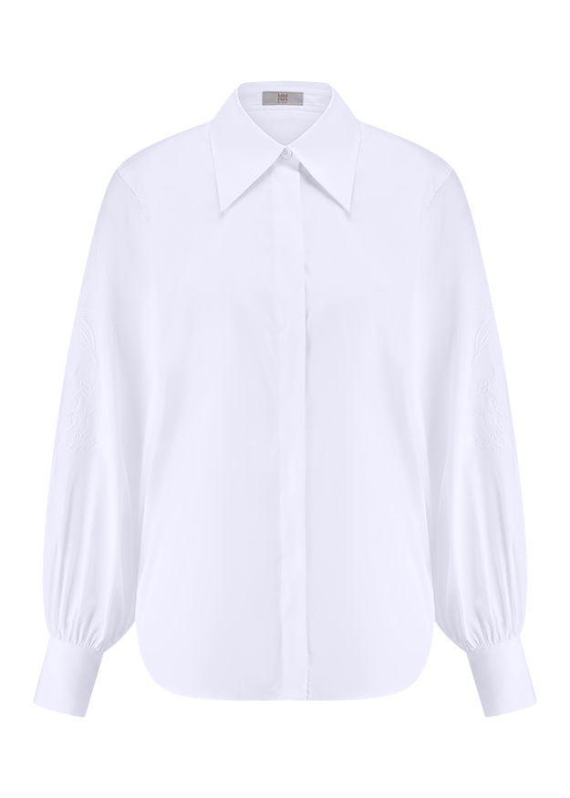 weiße bluse, langarm, knopfleiste, Kragen, weite details?